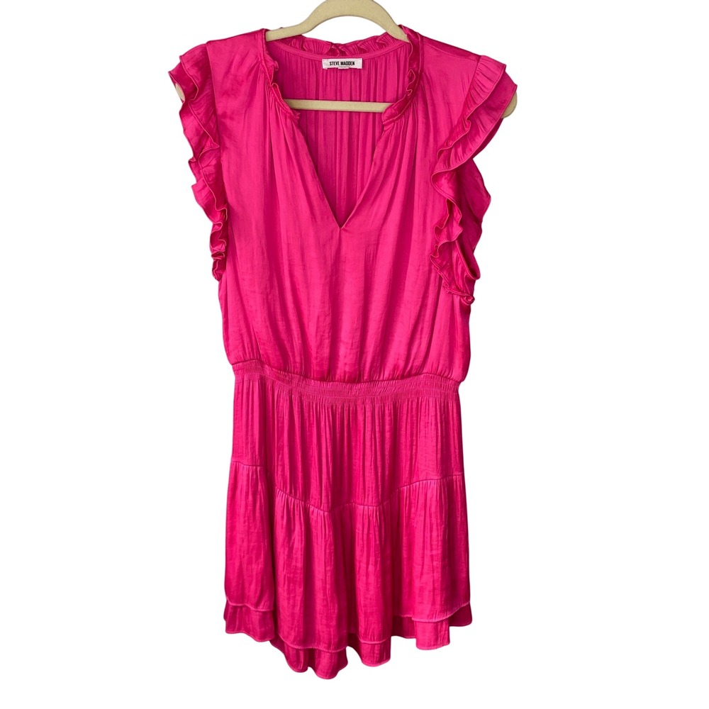 Steve Madden Hot Pink‎ Ruffle V-Neck Smocked Tiered Mini Dress Womens Large